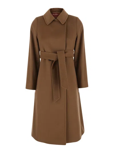 Max Mara Belted Wool Coat In Brown