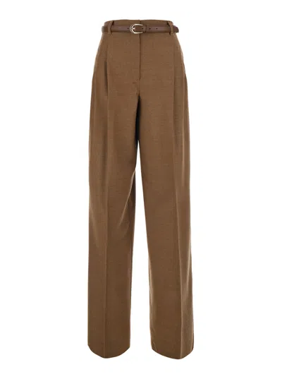 Max Mara Studio High-cut Wool-blend Pants With Matching Belt In Brown