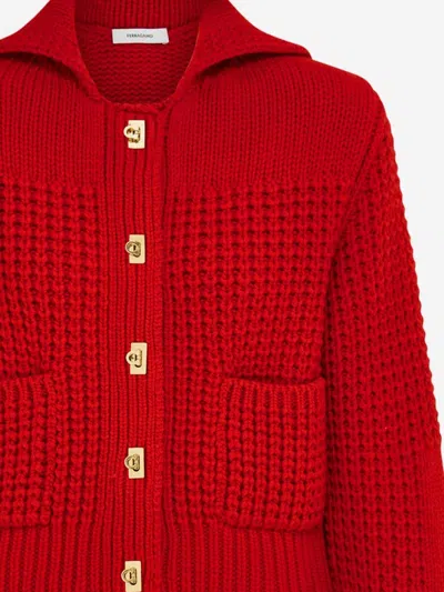 Ferragamo Red Gold Button Wool-blend Cardigan In Red
