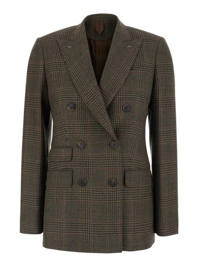 Max Mara Check-pattern Double-breasted Jacket In Brown