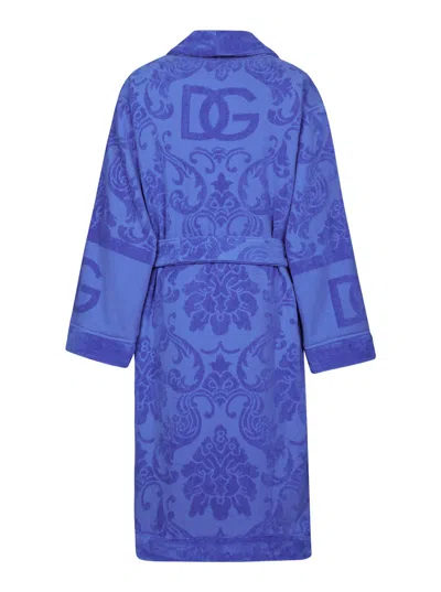 Dolce & Gabbana Jacquard Blue Bathrobe In Blue