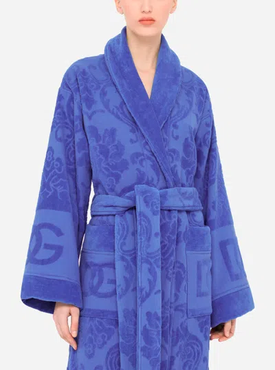 Dolce & Gabbana Jacquard Blue Bathrobe In Blue