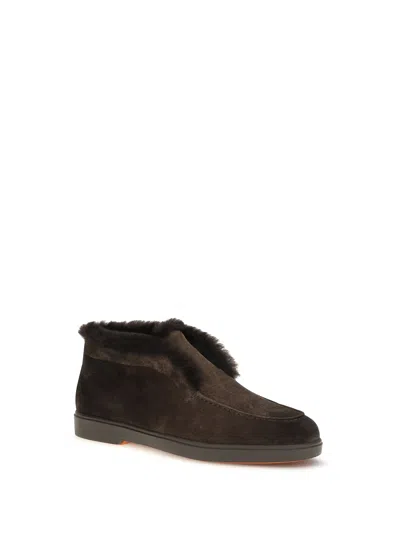 Santoni Suede Fur Trim Ankle Height Loafers In Brown