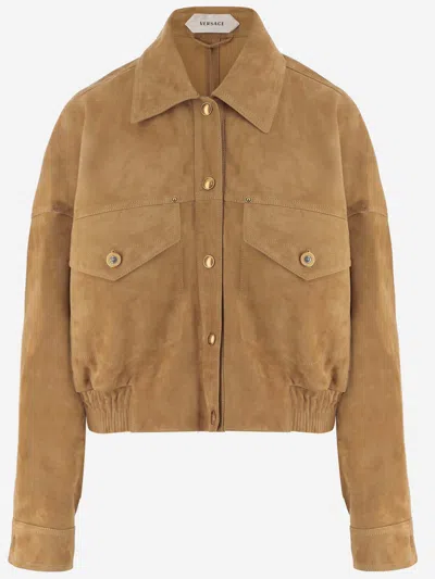 Versace Beige Suede Pointed Collar Elasticated Hem Jacket In Brown