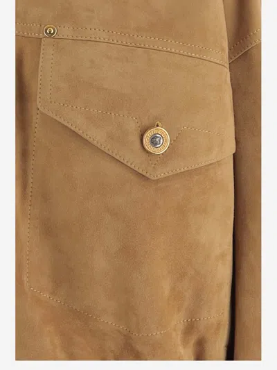 Versace Beige Suede Pointed Collar Elasticated Hem Jacket In Brown