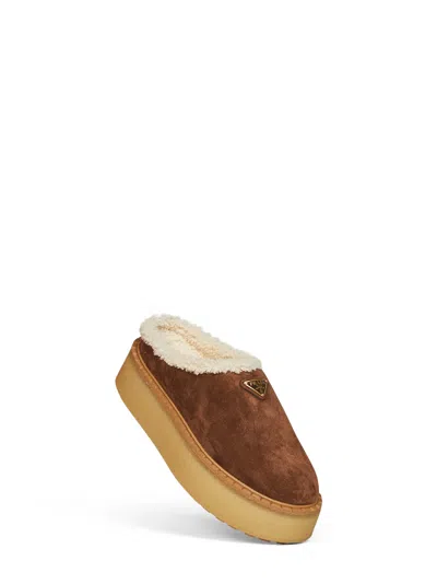 Prada Suede Mule With Sheepskin Lining Slipper In Multi