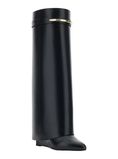 Givenchy Women Black Sandals With Logo Plaque On The Front And High Wedge Heel In Leather Woman
