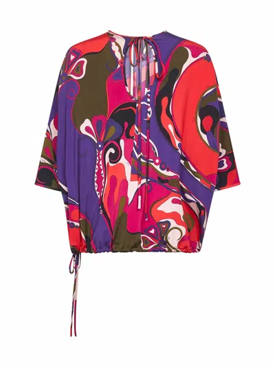 Pucci Orchidee Print Stretch Viscose Cape Blouse In Blue