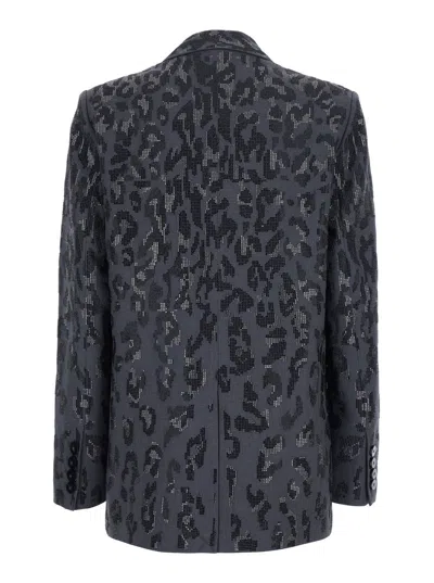 Pinko Double-breasted Jacket With Rhinestones And Jaguar Motif In Gray