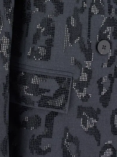 Pinko Double-breasted Jacket With Rhinestones And Jaguar Motif In Gray