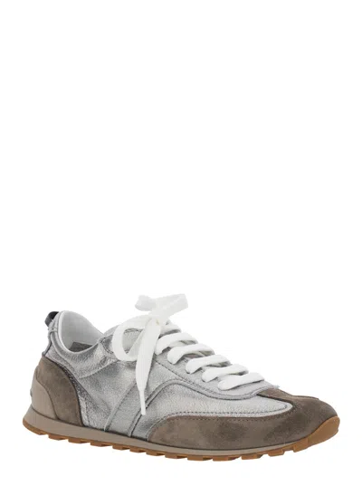 Brunello Cucinelli Monili Pull-tab Crinkle-effect Leather Low-top Sneakers In Gray