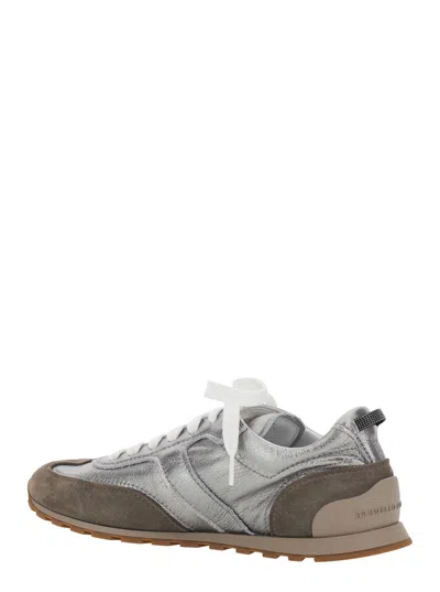 Brunello Cucinelli Monili Pull-tab Crinkle-effect Leather Low-top Sneakers In Gray