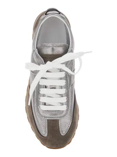 Brunello Cucinelli Monili Pull-tab Crinkle-effect Leather Low-top Sneakers In Gray