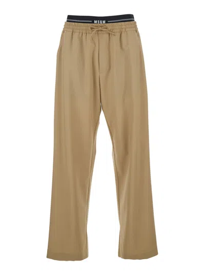 Msgm Virgin Wool Drawstring Trousers In Neutral