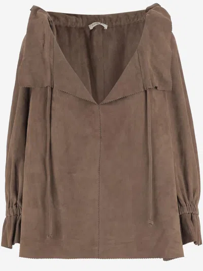 By Malene Birger Ruffled V-neck Suede Blouse With Drawstring Closure In Multi
