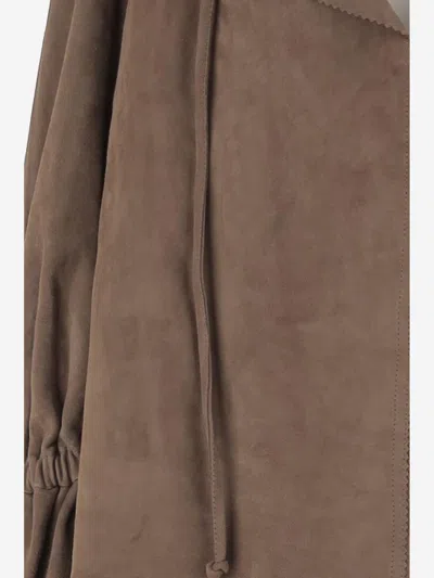 By Malene Birger Ruffled V-neck Suede Blouse With Drawstring Closure In Multi