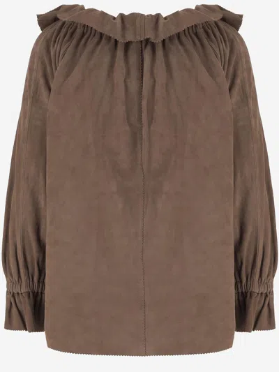 By Malene Birger Ruffled V-neck Suede Blouse With Drawstring Closure In Multi