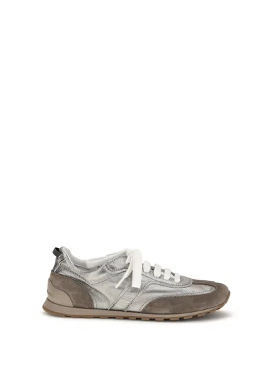 Brunello Cucinelli Monili Pull-tab Crinkle-effect Leather Low-top Sneakers In Gray