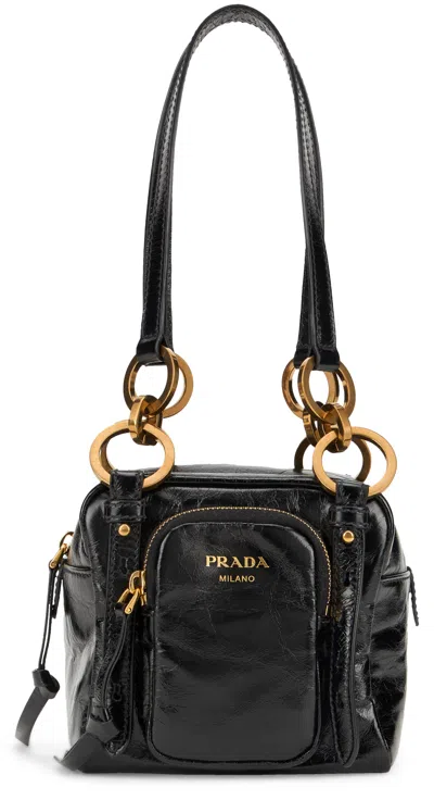 Prada Leather Dangle Ring Shoulder Bag In Black