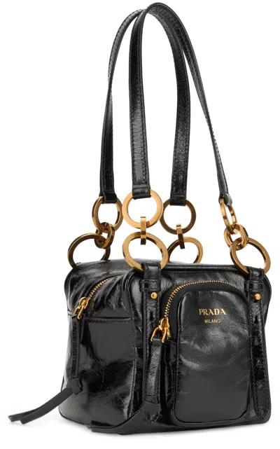 Prada Leather Dangle Ring Shoulder Bag In Black