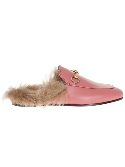 Gucci Princetown Horsebit-detailed Shearling-lined Leather Slippers In Pink