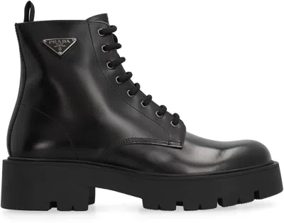 Prada Leather Lace-up Boots In Black