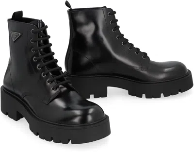 Prada Leather Lace-up Boots In Black