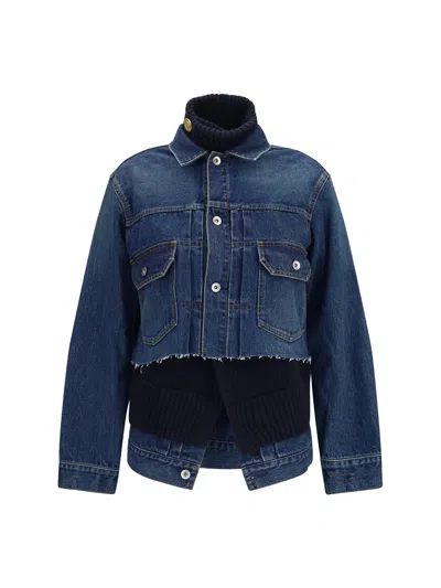 Sacai Denim With Wool Knit Layer Jacket In Blue