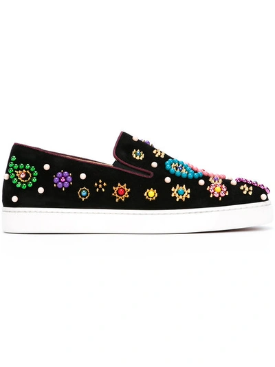 Christian Louboutin Boat Candy Embellished Suede Slip-on Sneakers In Black-multi