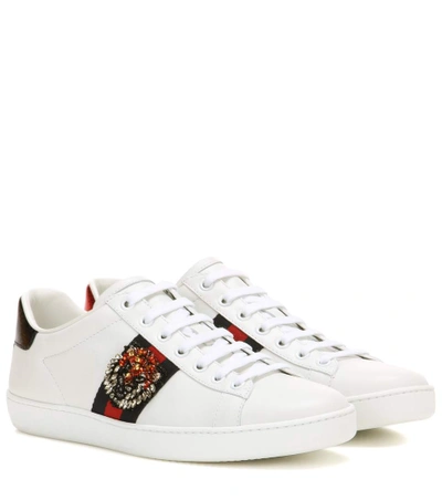 Shop Gucci Ace Embellished Leather Sneakers In White