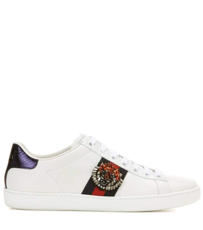 Shop Gucci Ace Embellished Leather Sneakers In White