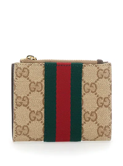 Gucci Gg Canvas Web-striped Wallet In Beige