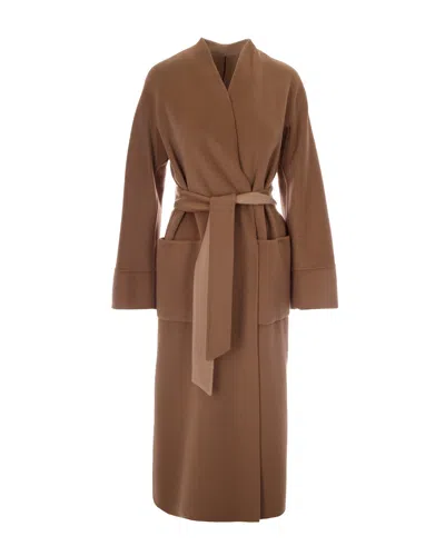 Max Mara Studio Belted Wrap Coat In Camel