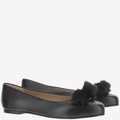 Ferragamo Fur Bow Leather Ballet Flat In Multi