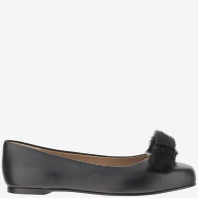 Ferragamo Fur Bow Leather Ballet Flat In Multi