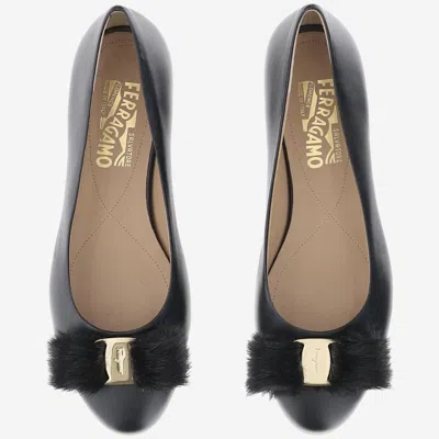 Ferragamo Fur Bow Leather Ballet Flat In Multi