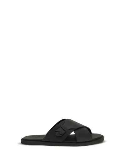 Fendi Crossed X-strap Calfskin Slide Sandals In Black