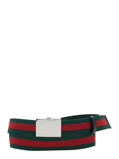 Gucci Belt With Web Ribbon And Rectangular Buckle In Multi