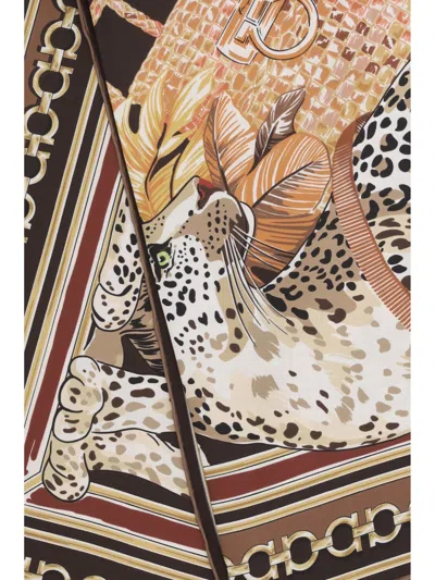 Ferragamo Silk Foulard Animal Pattern Rectangular Design In Brown