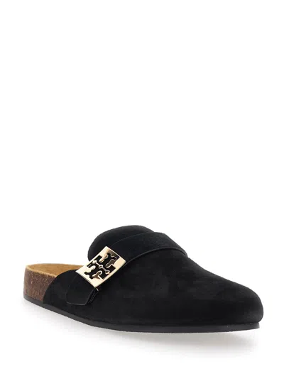 Tory Burch Mellow Black Slip-on Mule With Metallic Logo Buckle In Suede Woman In Red