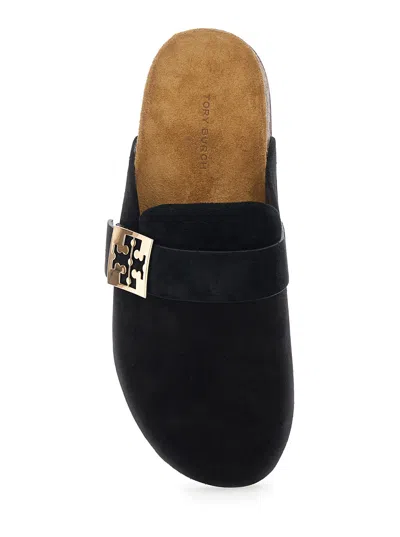 Tory Burch Mellow Black Slip-on Mule With Metallic Logo Buckle In Suede Woman In Red