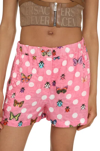 Versace Butterflies-print Silk-blend Shorts In Pink