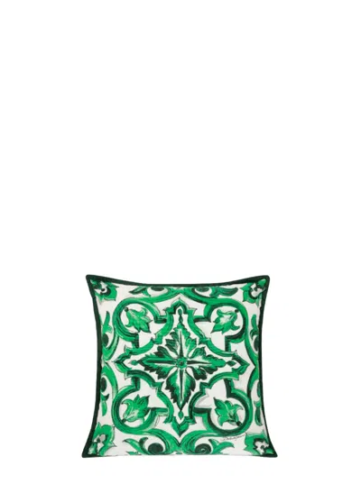 Dolce & Gabbana Green Damask Cotton Throw Pillow In Green