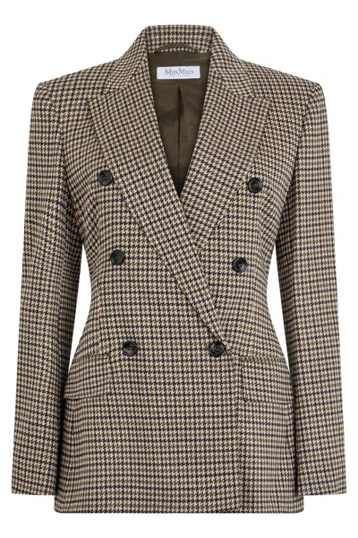 Max Mara Houndstooth T-shirt Jacket Double-breasted Lined Wool-blend In Brown