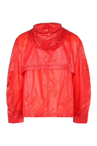 Ferragamo Hooded Windbreaker Jacket With Adjustable Drawstrings In Red