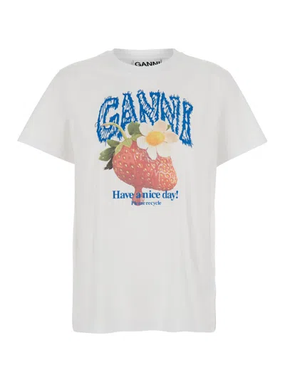 Ganni Womens Bright White Jersey Strawberry Printed Round-neck Cotton-jersey T-shirt In White
