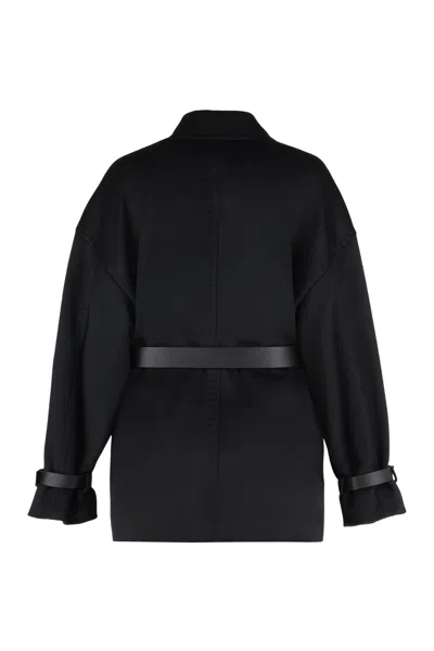 Max Mara Studio Pausa Double-breasted Virgin Wool Jacket With Waist Belt In Black