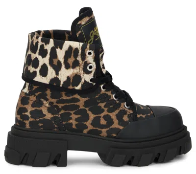 Ganni Leopard Print Cotton Boot In Multicolor