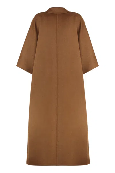 Max Mara Long Wool Coat Notched Collar Wide Sleeves In Brown