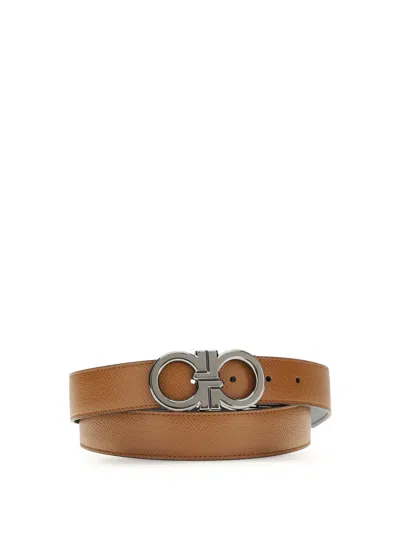 Ferragamo Brown Gancini Solid Reversible Belt In Brown